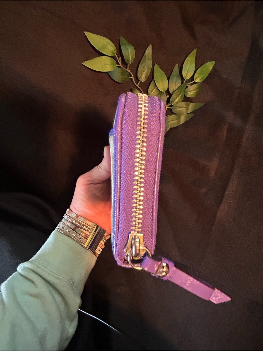Coach Beige Signature Zip Wallet with Purple Trim - Picture 6 of 15